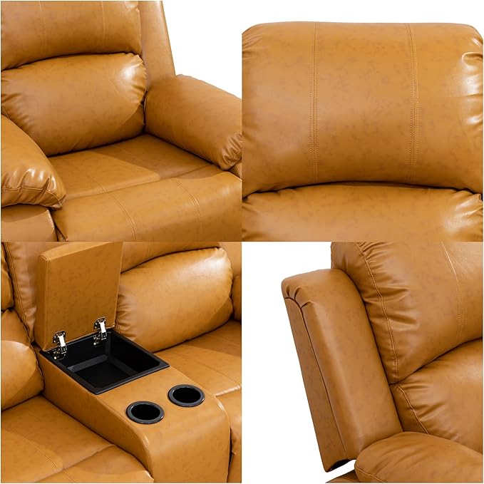 Loveseat Recliner Sofa, Reclining Loveseat Leather Couch with Storage Console, Modern Comfy Home Theater Seating Power Recliner Chair with Cup Holders for Living Room Furniture Sets, Orange
