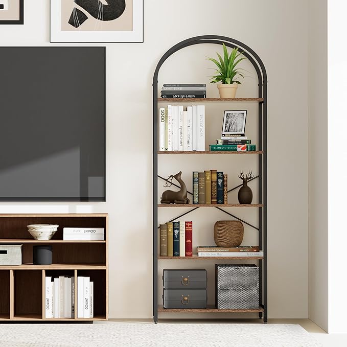 Homhedy 5-Tier Bookshelf Arched Display Racks, Wood and Metal Bookcase, Tall Bookshelf, Industrial Display Standing Shelf Unit, for Home Office, Living Room, Bedroom, Bathroom, Rustic Brown