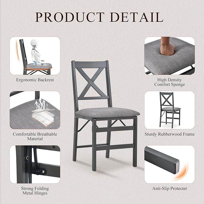 COLAMY Folding Dining Chairs Set of 4, Foldable Chairs with Padded Seats, Wood Folding Dining Room Chairs for Kitchen, Party, Camping, Dark Grey
