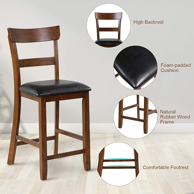 COSTWAY Bar Stools Set of 2, 25.5-Inch Counter Height Chair with Backrest, Foam-Padded Cushion, Rubber Wood Legs, Wooden Vintage Dining Chair for Bistro, Living Room, Kitchen, Brown and Black