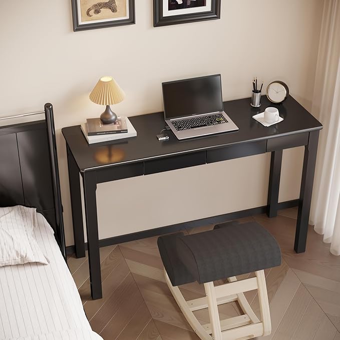 Solid Wood Desk with Drawers - 47 x 16 Inch Modern Narrow Desks, Rubber Wood Study Table, Small Writing Desk for Small Spaces|Bedroom - Black Desks