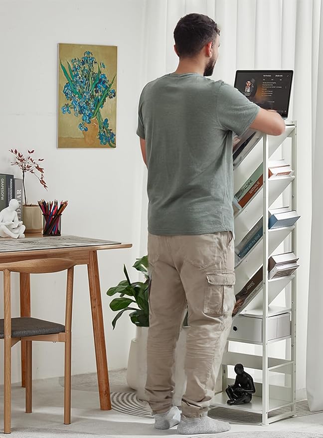 Bookshelf with Drawer,10 Tier Tree Bookcase Retro Floor Standing Bookshelves,Tall Wood Bookcases with Cabinet Storage Organizer for Living Room, Bedroom & Home Office, White
