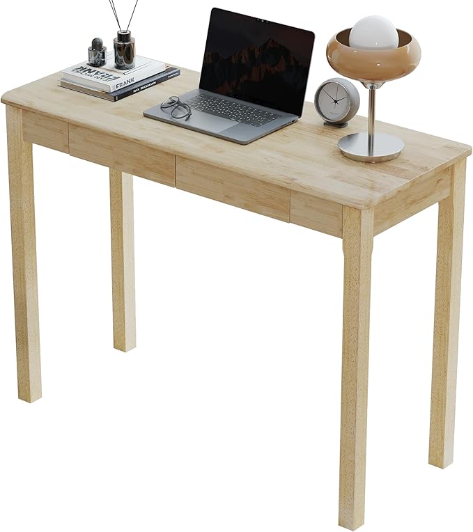 Solid Wood Desk with Drawers - 39 x 16 Inch Narrow Desks, Mid Century Modern Desks, Rubber Wood Study Table, Small Writing Desk for Bedroom|Small Spaces, Natural
