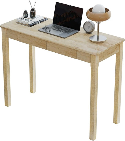 Solid Wood Desk with Drawers - 39 x 16 Inch Narrow Desks, Mid Century Modern Desks, Rubber Wood Study Table, Small Writing Desk for Bedroom|Small Spaces, Natural