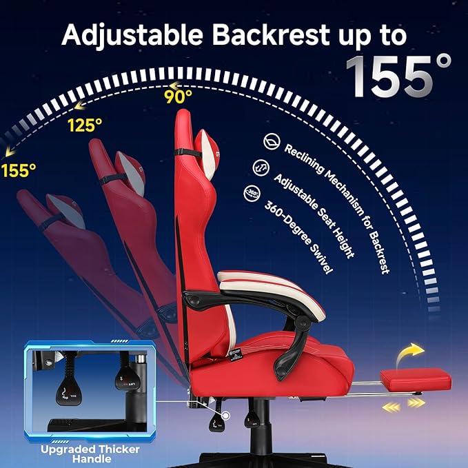 GTPLAYER Gaming Chair, Video Game Chairs with Footrest and Lumbar Support, Computer Chair for Adults with Extended Backrest, Ergonomic Reclining Silla Gamer, PU-Leather, Red