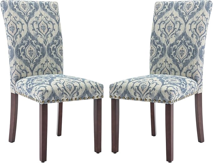 COLAMY Upholstered Parsons Dining Chairs Set of 2, Fabric Dining Room Kitchen Side Chair with Nailhead Trim and Wood Legs - Blue/White Flower