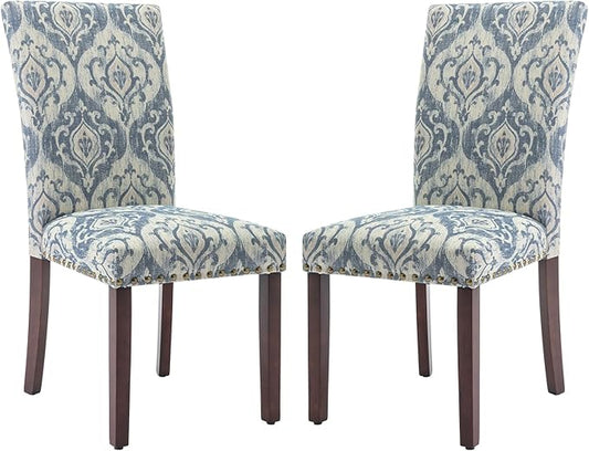 COLAMY Upholstered Parsons Dining Chairs Set of 2, Fabric Dining Room Kitchen Side Chair with Nailhead Trim and Wood Legs - Blue/White Flower