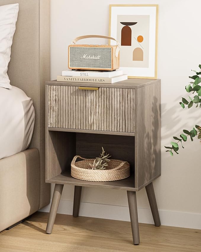 Nightstand, Small Side Table, Bedside Table with Drawer, Modern Night Stand, End Table for Bedroom, Living Room (Grey Stripe)