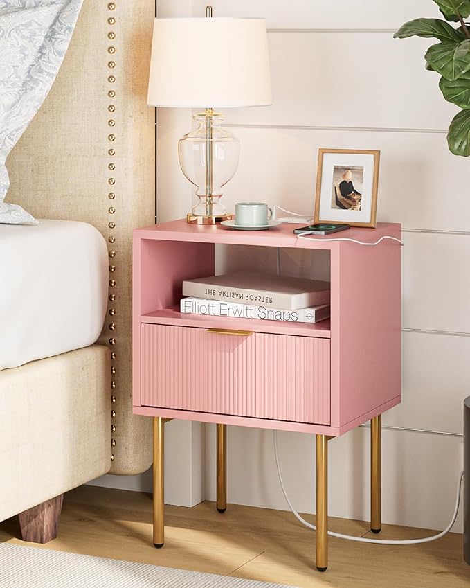 Masupu Nightstand with Charging Station,Mid-Century Modern Bedside Table with Storage Drawer and Open Wood Shelf,Small Gold Frame Side Table for Bedroom,Living Room (Pink)