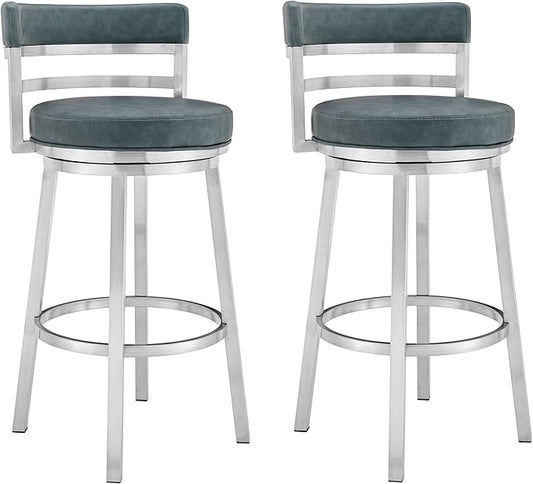 Armen Living Madrid 26" Seat Height Swivel Modern Blue Faux Leather and Brushed Stainless Steel Bar Stool for Kitchen Island Counter, Set of 2