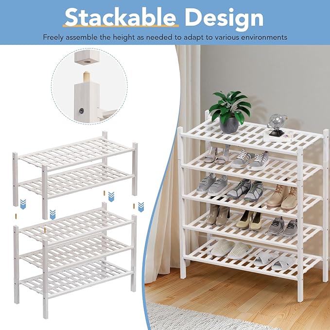 Haddockway 2 Tier Bamboo Shoe Rack Storage Organizer, Multifunctional Free Standing Stackable Shoe Shelf with Grid Panel for Closet,Hallway,Entryway,Small Space 27"x11"x13" (White, 2 Tier)