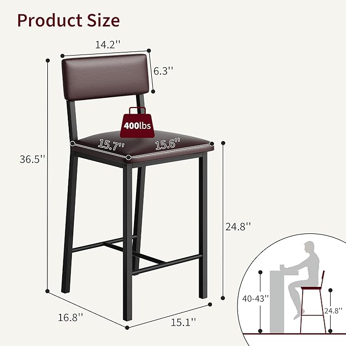 GarveeHome Bar Stools Set of 2, Counter Stools with Back and Thickened Metal Legs, Upholstered PU Leather Counter Height Barstools with Footrest, for Kitchen Island, Bar, Dark Brown