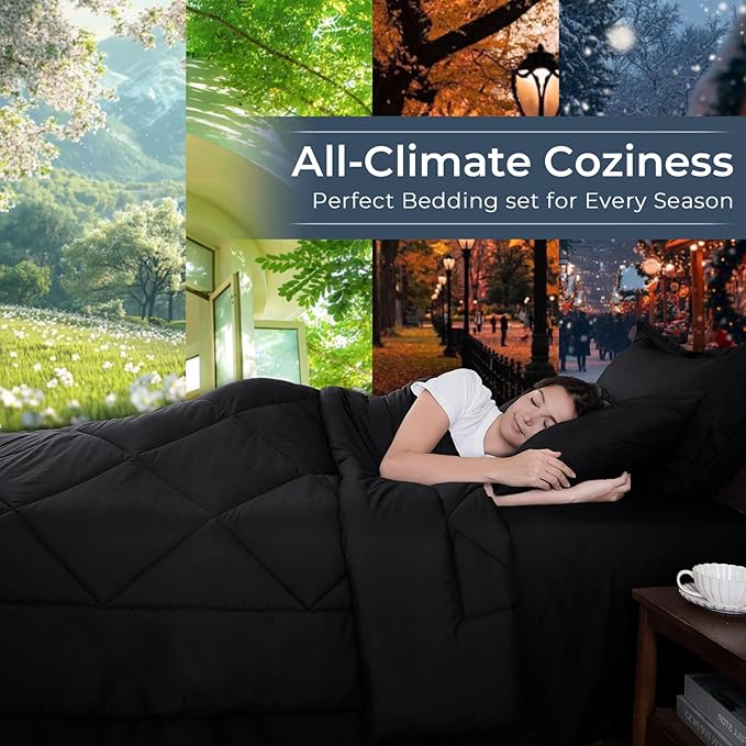 HEVUMYI Black Full Comforter Set - 7-Piece All Season Bed in a Bag Full, Ultra Soft Bedding Set with Comforter, Flat Sheet, Fitted Sheet, Pillowcases, Pillow Shams, Black