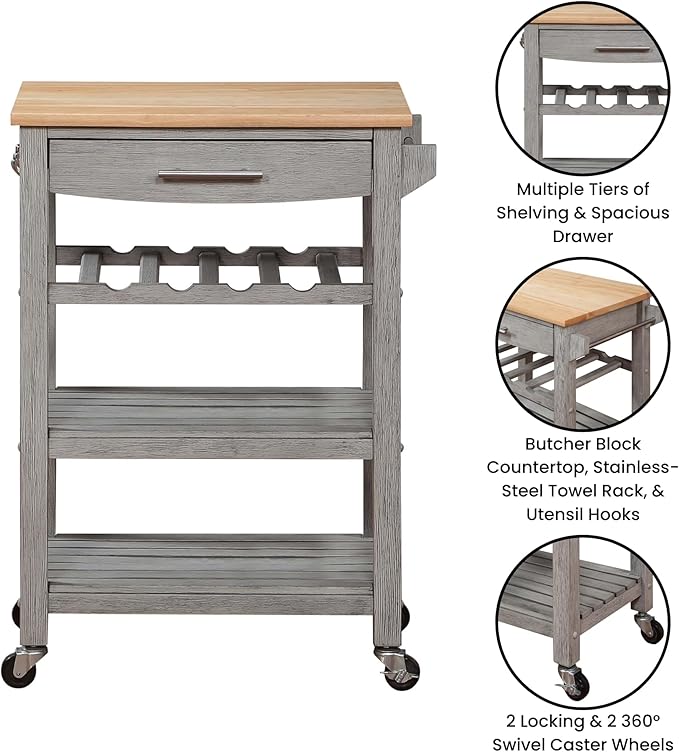 Convenience Concepts Ellaine 4 Tier Kitchen Cart with Drawer and Wine Rack, 24.75 x 16.5 x 34.5, Wirebrush Light/Butcher Block
