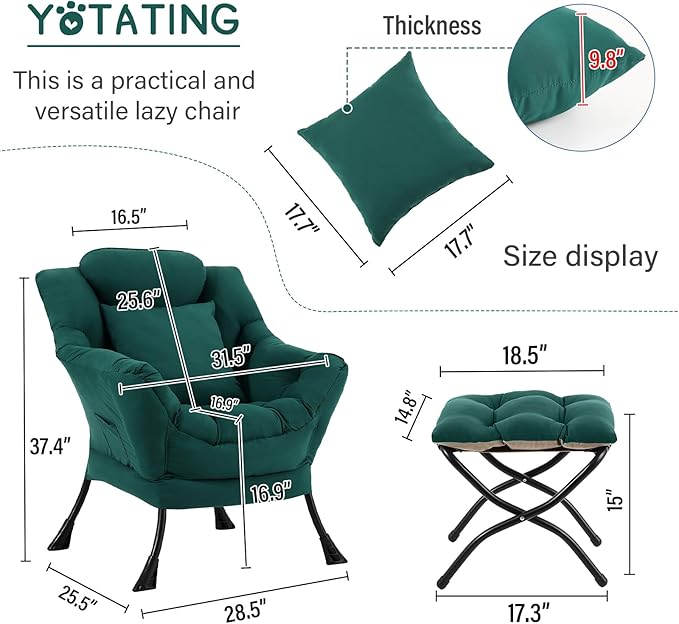 Lazy Chair with Ottoman, Comfy Reading Chair with Footstool & Pillow Modern Lounge Chairs with Armrests & Side Pocket for Living Room, Bedroom, Dorm Room，Dark Green
