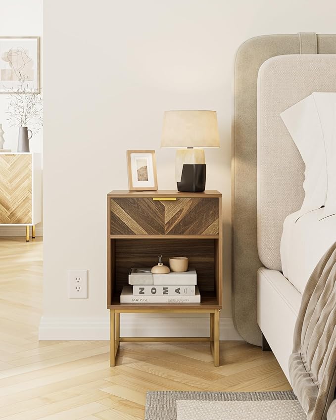 Nightstand, Boho Night Stand Wood Farmhouse Bedside Table with Storage, End Side Table for Bedroom,Living Room,Walnut