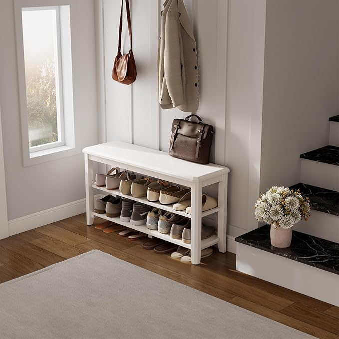 Wood Shoe Rack Bench for Entryway, 2 Tier Shoe Rack for Front Door Entrance, Shoe Bench with Shoe Storage for Entryway, Bedroom, 47.2"