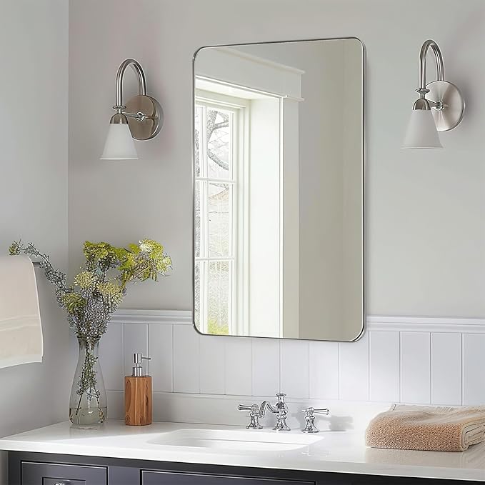 ANDY STAR Chrome Bathroom Mirror, 24”x40” Polished Nickel Rounded Corner Rectangle Mirror, Modern Metal Frame Bathroom Vanity Mirror
