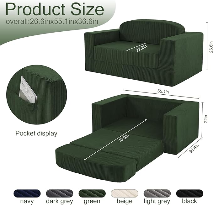 MeMoreCool Cozy Small-Space Convertible Loveseat to Guest Bed – Boneless Corduroy Floor Couch with High-Density Foam, Removable Washable Cover, No-Assembly Fold-Out Sofa