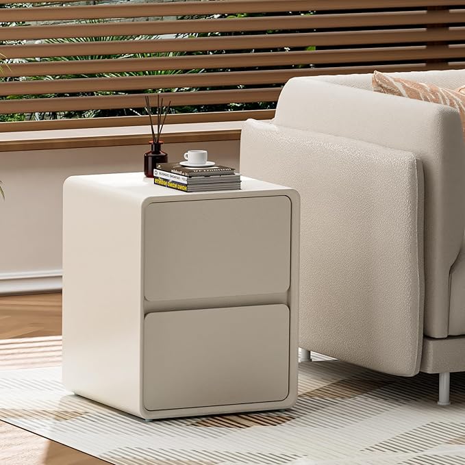 VICITON Modern Narrow Faux Leather Nightstand, Solid Wood Drawer, Storage Accent Table, Small Side End Table for Bedroom (Cream White, Large(15.7inch))