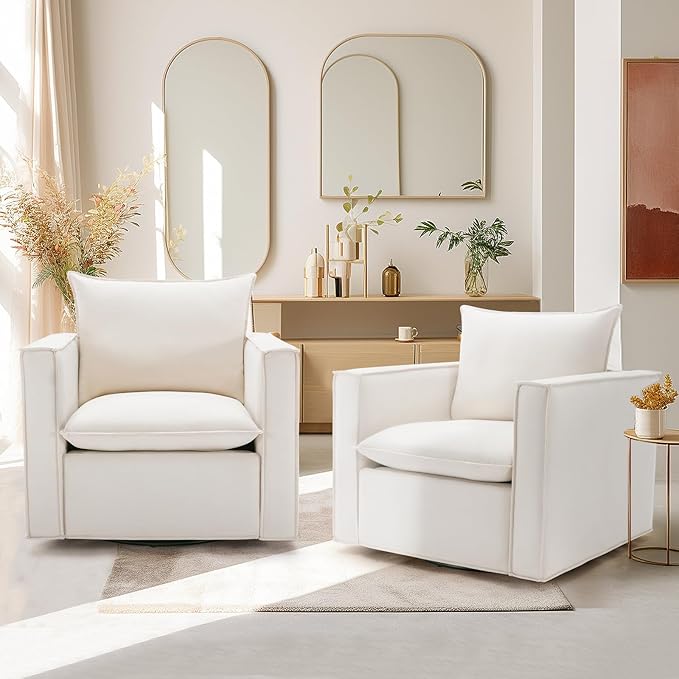Swivel Accent Chair Set of 2,34'' Wide Upholstered Arm Chair with Plump Back Pillow, Modern Sofa Living Room Chair for Bedroom, Corner, Reading Nook-Classic Beige
