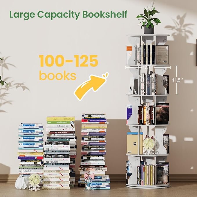Rotating Bookshelf, 5 Tier Spinning Bookshelf Tower, Corner Revolving Storage Rack for Bedroom, Study Room, Kids Room, Living Room, Office (White, 5 Tier)