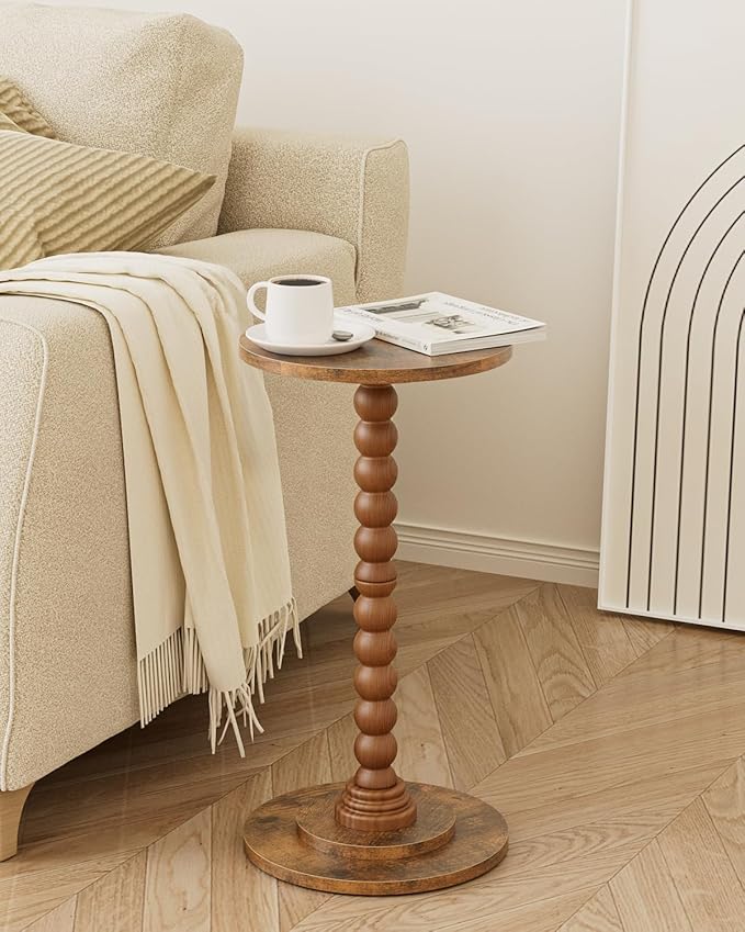 Masupu Round Side Table, Small Drink Table for Small Spaces, Pedestal End Table with Solid Wood Leg for Living Room, Bedroom, Corners(Rustic Brown)