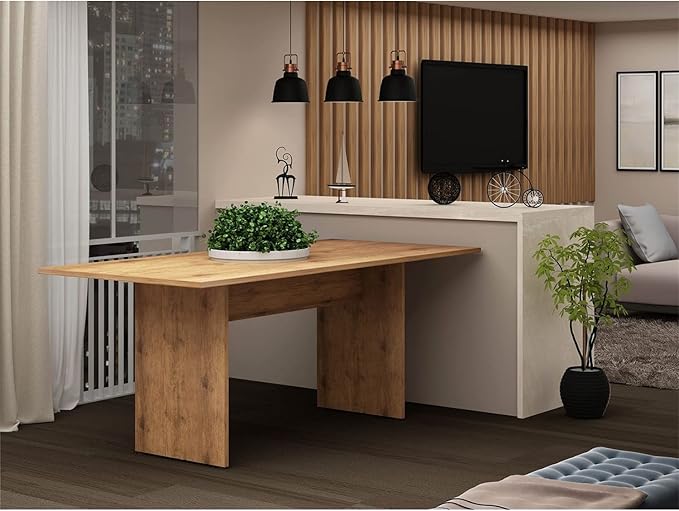 Manhattan Comfort Nomad 3 Piece Dining Set for 6 with Modern Kitchen Table and 2 Benches, Farmhouse Furniture with Rustic Wood Grain Finish, Pedestal Base, Easy Assembly, Dining Set, Nature