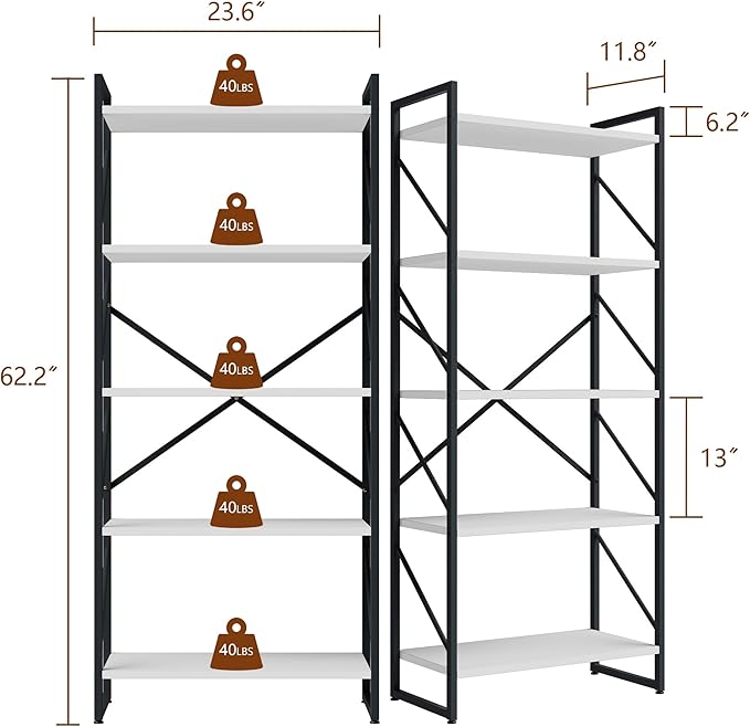 Shintenchi 5 Tiers Bookshelf, Classically Tall Bookcase Shelf,Industrial Book Rack,Modern Book Holder in Bedroom/Living Room/Office, Storage Rack Shelves for Books/Movies,11.8" Dx23.6 Wx62.2 H,White