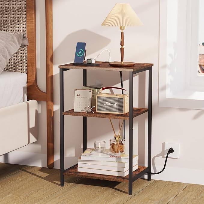 X-cosrack Side Table with Charging Station, End Table with USB Ports and Outlets, Nightstand with Storage Shelves for Small Space, Sofa Couch Table Bedside Table for Living Room Bedroom