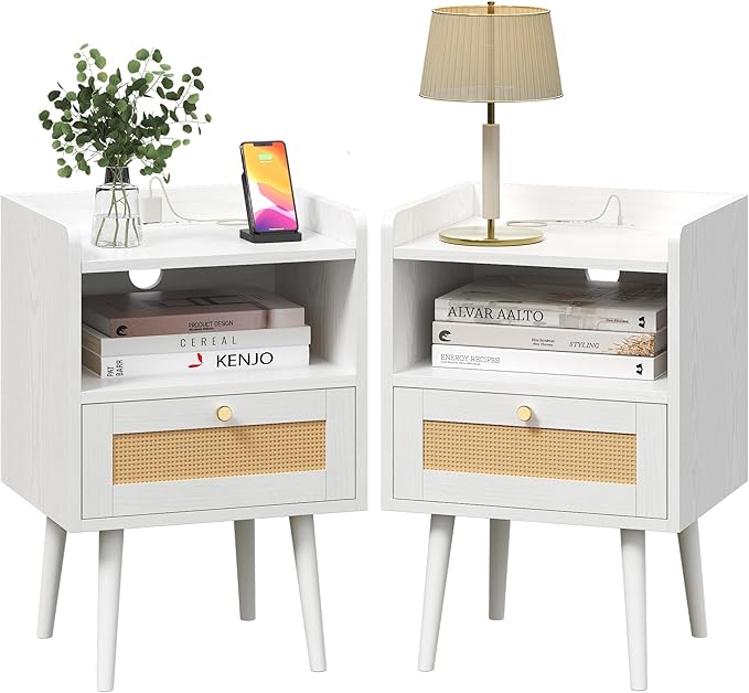 Nightstand Rattan with Charging Station, Mid Century Modern Bed Side Table, Boho End Table with Wood Legs, Bedside Tables for Bedroom Living Room (2, White, 11.8" D x 15.9" W x 23.4" H (1 Drawers))