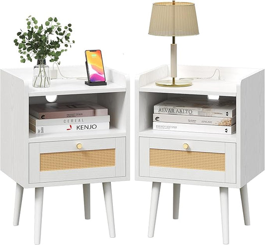 Nightstand Rattan with Charging Station, Mid Century Modern Bed Side Table, Boho End Table with Wood Legs, Bedside Tables for Bedroom Living Room (2, White, 11.8" D x 15.9" W x 23.4" H (1 Drawers))