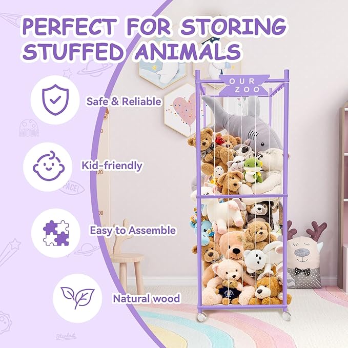 Stuffed Animal Storage Zoo with Wheels, Wooden Large Stuff Animals Plushies Holder Toy Organizer Kids Plush Storage Cage with Elastic Band and Net for Nursery Playroom Corner for Toddler (Purple)