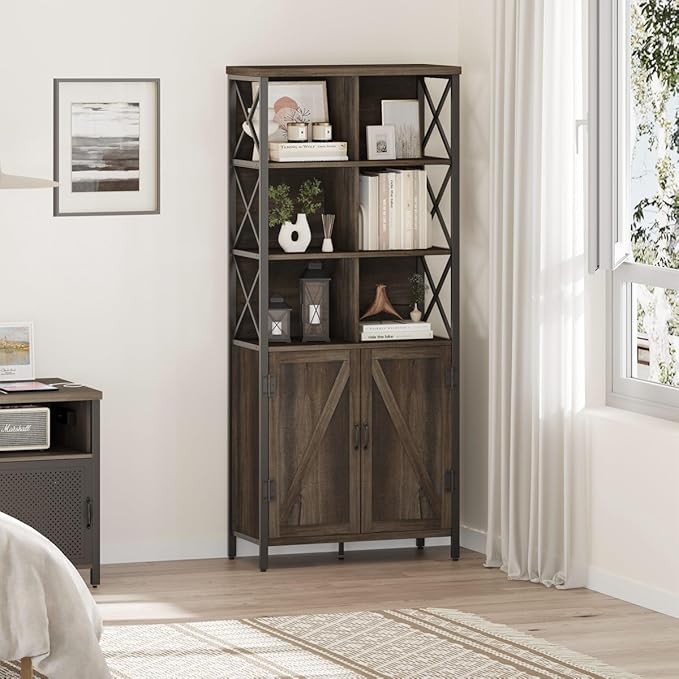 FATORRI Industrial Tall Bookshelf, Rustic Bookcase with Doors, 6 Cube Storage Organizer with Shelf for Living Room, Wood and Metal Book Shelf for Home Office (Walnut Brown)