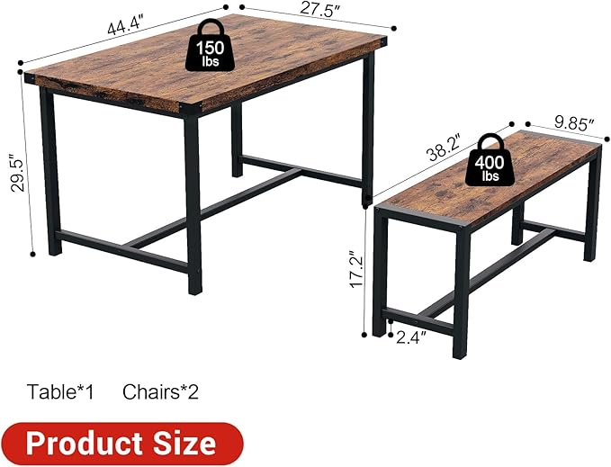 Garvee Dining Table Set for 4, Kitchen Table with Benches, 3 Piece Rectangular Dining Room Set with 2 Wooden Benches for Small Space, Apartment, Studio, Home, Rustic Brown