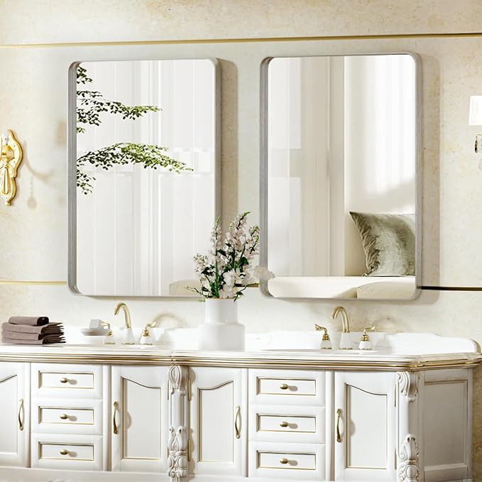 Bathroom Mirror 20x30 inch, Silver Gorgeous Deep Frame Wall Mirror, Modern Round Corner Bathroom Vanity Mirror for Bedroom, Living Room, Hanging or Leaning Horizontal or Vertical, Silver