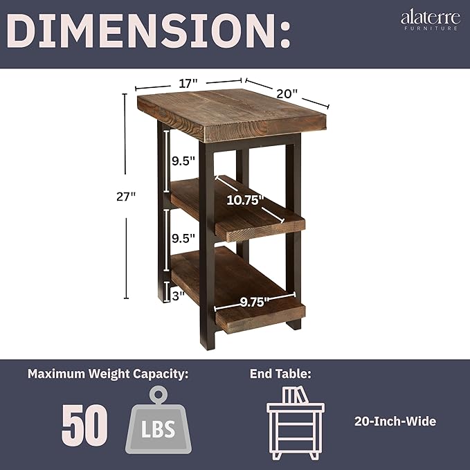 Pomona 3-Tier Solid Wood End Table with Storage Shelves – Rustic Industrial Space-Saving Side Table or Nightstand for Living Room, Bedroom, or Entryway by Alaterre Furniture