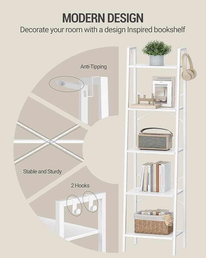 Ladder Shelf, Bookshelf Bookcase, Freestanding Corner Storage Shelve with 2 Hooks for Home Office, Living Room, Kitchen, Bedroom, Industrial, 5-Tier White BC19213W