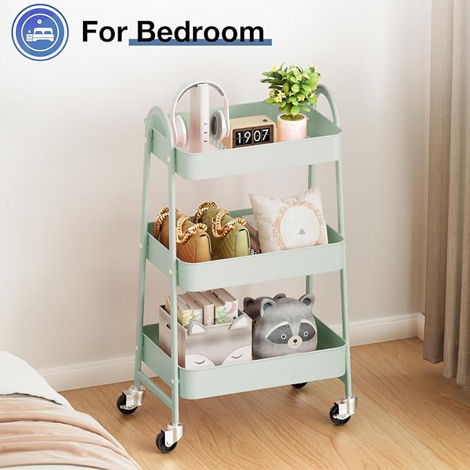 OLIXIS 3 Tier Utility Rolling Cart with Lockable Caster Wheels, Metal Mobile Storage Shelf, Organization for Livingroom, Bathroom, Kitchen, & Narrow Places, Pale Green