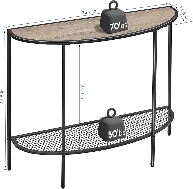 SAYGOER Console Table 2 Tier Narrow Entryway Table with Storage Shelves Half Moon Sofa Couch Table Industrial Small Entry Way Tables for Living Bedroom Hallway Office Easy Assembly, Gray Black