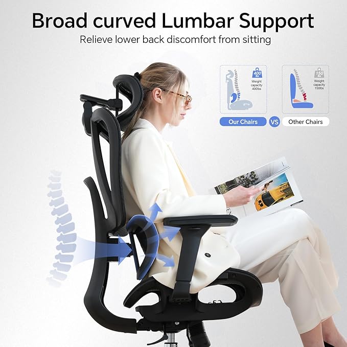 Ergonomic Office Chair with 3D Lumbar Support/Headrest/Armrest/, Mesh Executive Office Chair with Seat Depth & Height Adjustment, Big and Tall Desk Chair with 3-Gear Lock Recline for Long Hours