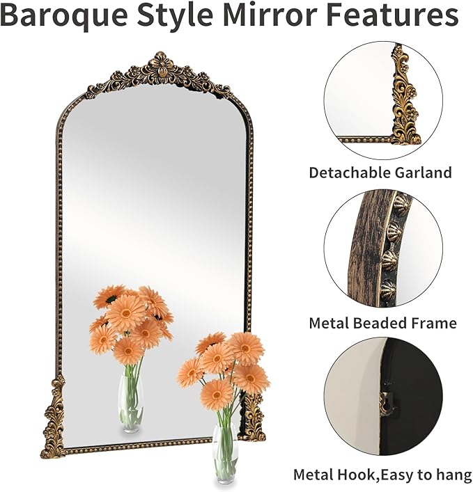 Vintage Arched Mirror, 24"x 42"Antique Baroque Mirror Style Metal Beaded Frame for Entryway Hallway Living Room,Vintage Black