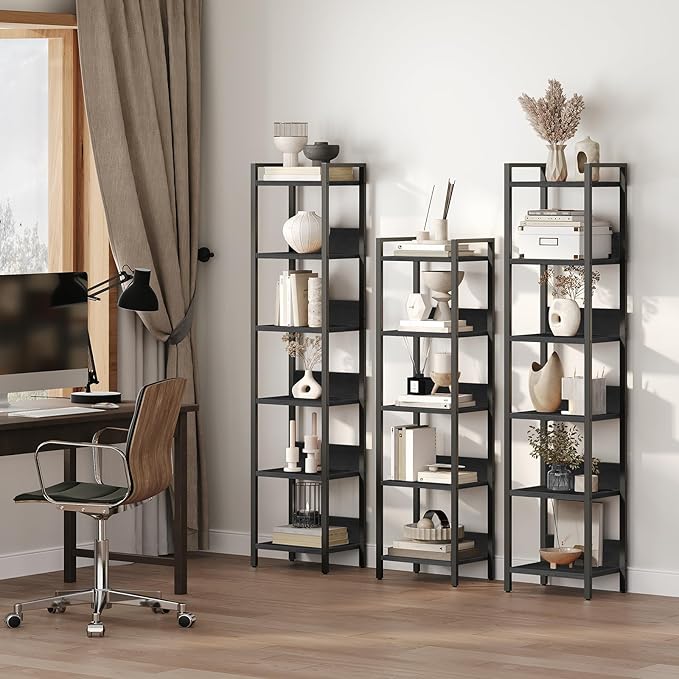 Bookshelf, 6-Tier Bookcase, Standing Book Shelf for Small Space, Storage Shelf Organizer, for Living Room, Bedroom, Study, Balcony, Black BKHB6601
