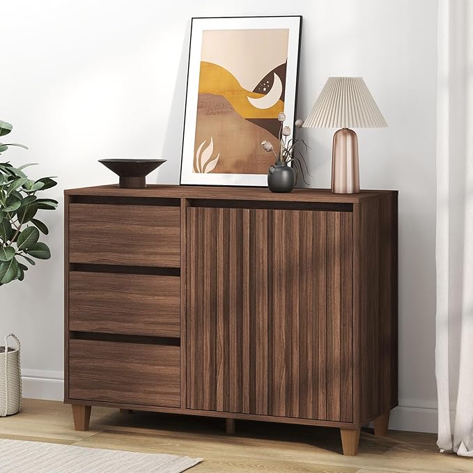 Redkey Fluted Sideboard Cabinet - Mid Century Modern Sideboard Buffet Cabinet with 3 Drawers - Buffet Table with Handle-Less Design for Kitchen Bedroom Dining/Living Room - Walnut