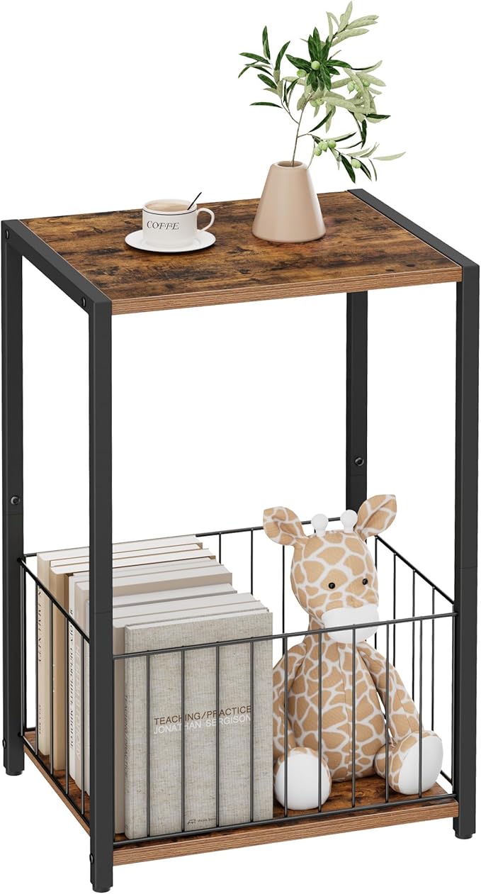Side Table with Magazine Holder, Record Player Stand with LP Shelf, End Table for Living Room, Bedroom, or Bedside, Easy Assembly, 11" D x 16.9" W x 23.6" H, Rustic Brown