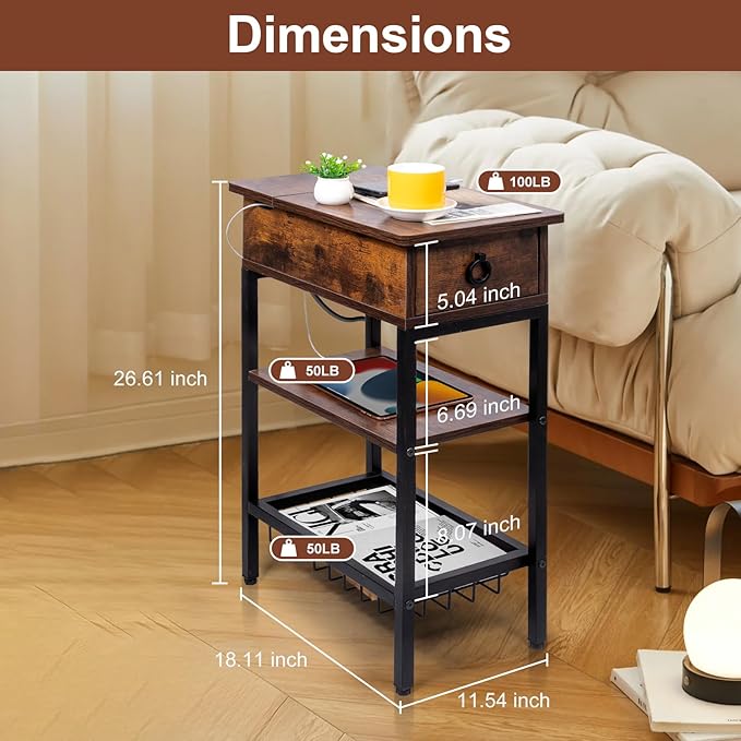 Skinny End Tables with USB Ports and Outlets for Living Room, Slim Nightstand with Charging Station for Bedroom,Chair Side Table with Storage for Small Spaces,Rustic Side Table Recliner