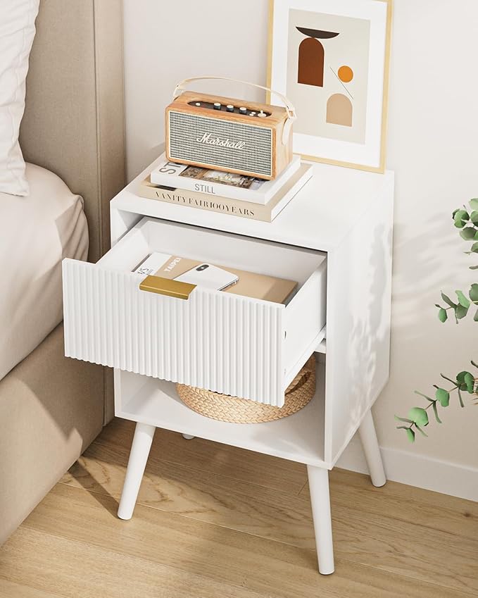 Nightstand, Small Side Table, Bedside Table with Drawer, Modern Night Stand, End Table for Bedroom, Living Room (White Stripe)