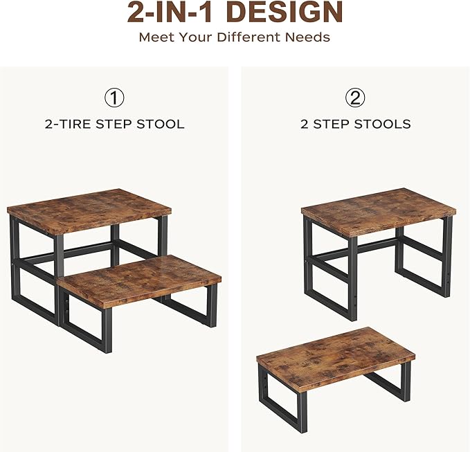 Homeiju 3 in 1 Step Stools for Adults Kids Toddler, Heavy Duty Wooden Step Stool with Non-Slip Pads, 2 Tire Step Stool for Kitchen Bathroom Bedroon Stepping Stool, Rustic Brown