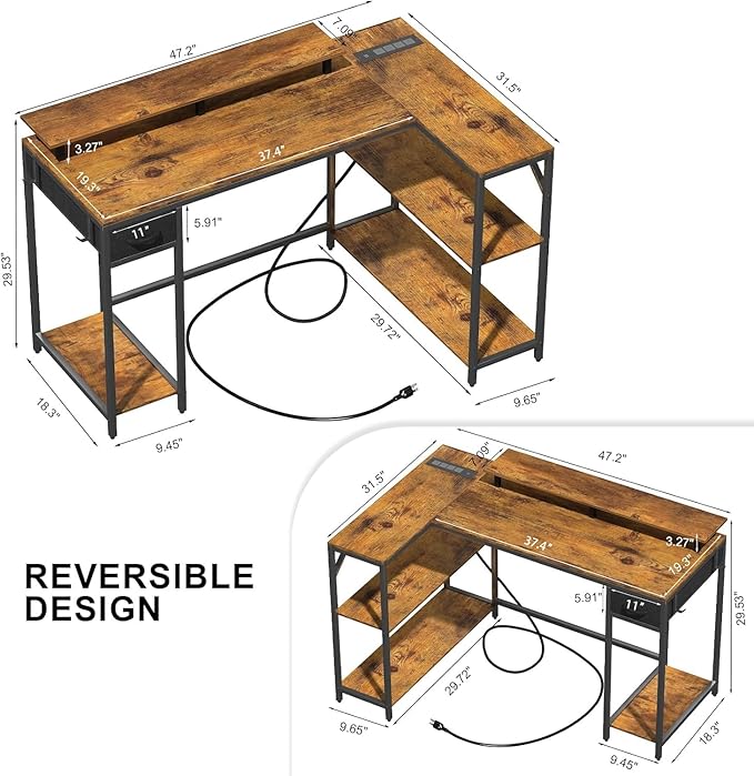 47" L Shaped Computer Desk with LED Light and Power Outlet, Reversible L Shaped Desk with Monitor Stand and Drawer, Gaming Desk with Shelves and 2 Hooks for Home Office Bedroom