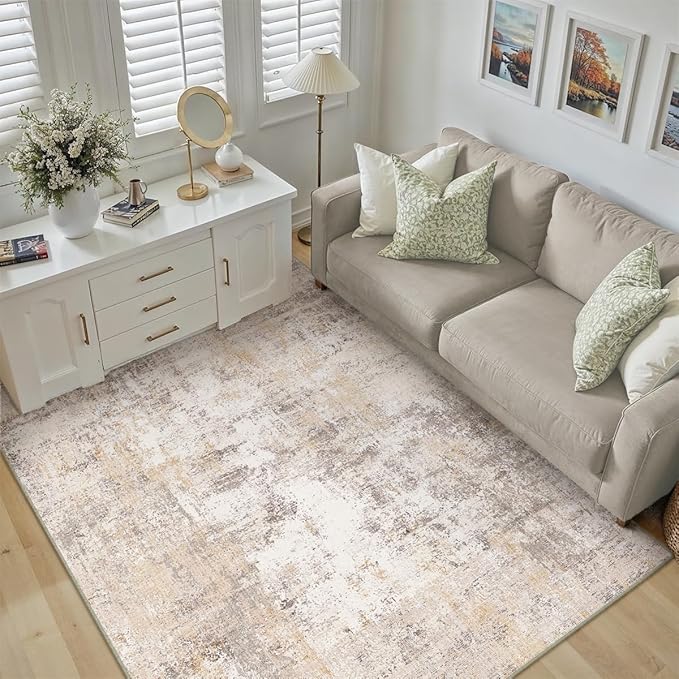 4x6 Washable Area Rug Beige Grey Neutral Abstract Entryway Kitchen Non Slip Low Pile Throw Rug Living Room Bedroom Indoor Doormat Soft Carpet for Entrance Bathroom Office